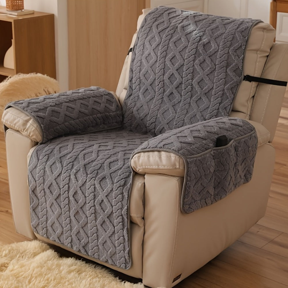 Recliner Cover Shu Velveteen Non-Slip Soft Plush Single Chair Sofa Cover - Pet Scratch Resistant Armchair Protective Slipcover | Deep Gray Light Grey Off White | Bedroom Office Living Room Home Decor