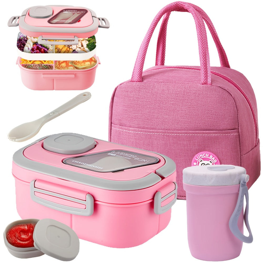 2-Layer Bento Lunch Box Set with Cup and Meal Bag - Multi-Grid Lunch Box for School, Office & Outdoor Picnics, Food Storage Container with Milk Cup, Salad Cup, Coffee Cup or Soup Bowl, Pink Blue Green White