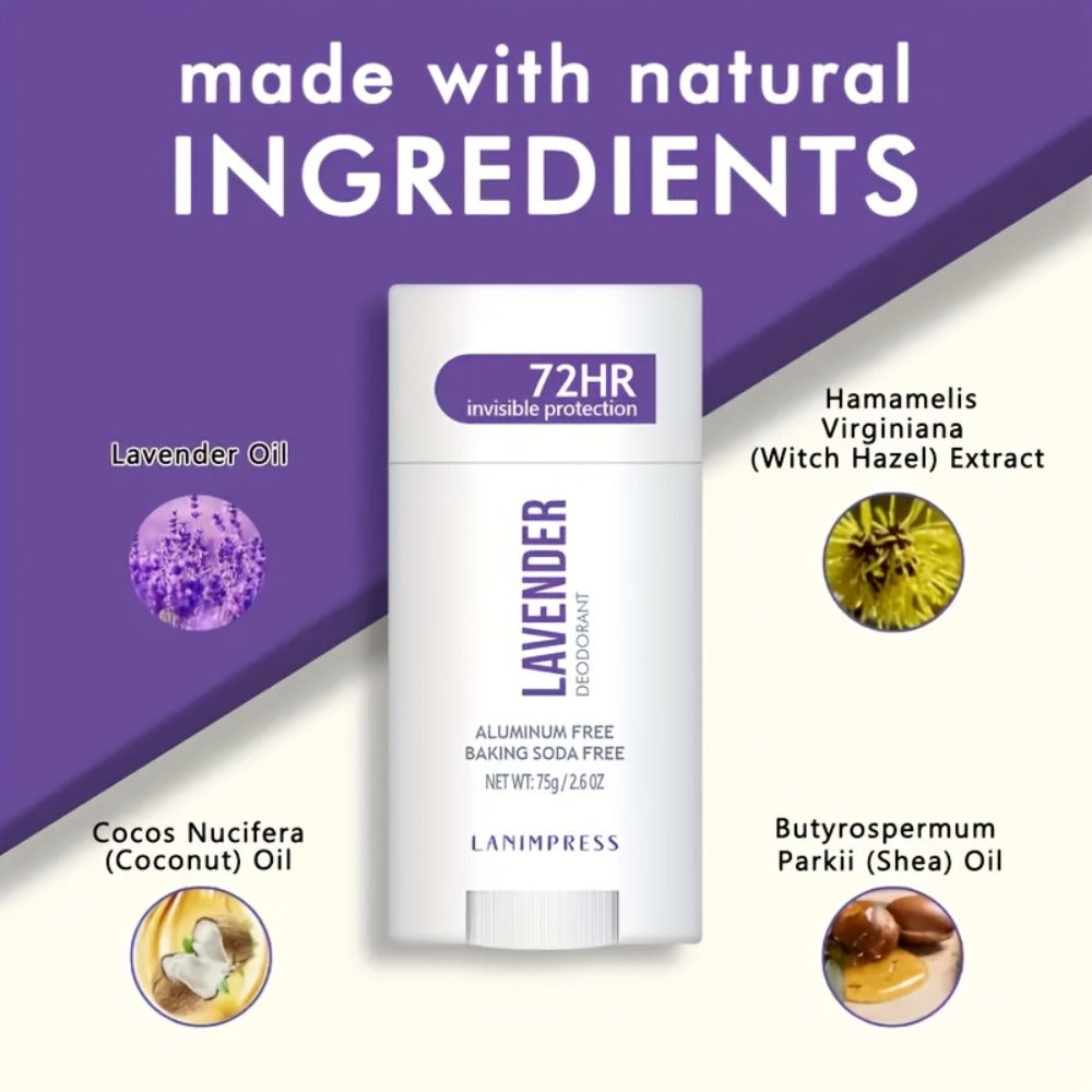 Natural Deodorant Stick Aluminum Free Baking Soda Free 72HR Invisible Protection with Witch Hazel Shea Butter Unisex Sandalwood Lavender Peach Charcoal 75g