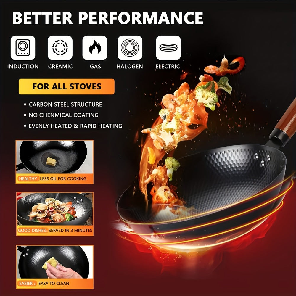Carbon Steel Wok Set with Lid & Accessories ¨C 14-Piece Non-Stick Stir Fry Pan 12.6¡± for Gas Electric Induction All Stoves | Wok Pan with Spatula Brush Ring Utensils Kitchen Cooking Set