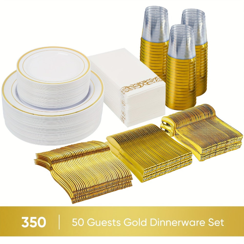 Disposable Party Dinnerware Set 350 700 Pieces Gold Silver Plastic Plates Salad Plates Cutlery Cups Napkins for 50 100 Guests Wedding Birthday Graduation Party
