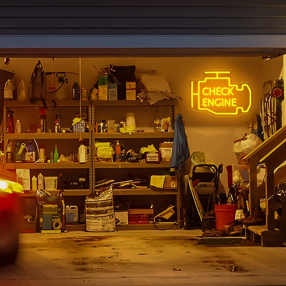 Check Engine Neon Sign ¨C LED Dimmable USB Powered Neon Light for Garage Wall Decor, Car Repair Shop, Workshop, Man Cave, Game Room, Bedroom & Car Party Decorations (Yellow / Multi-Color Options)