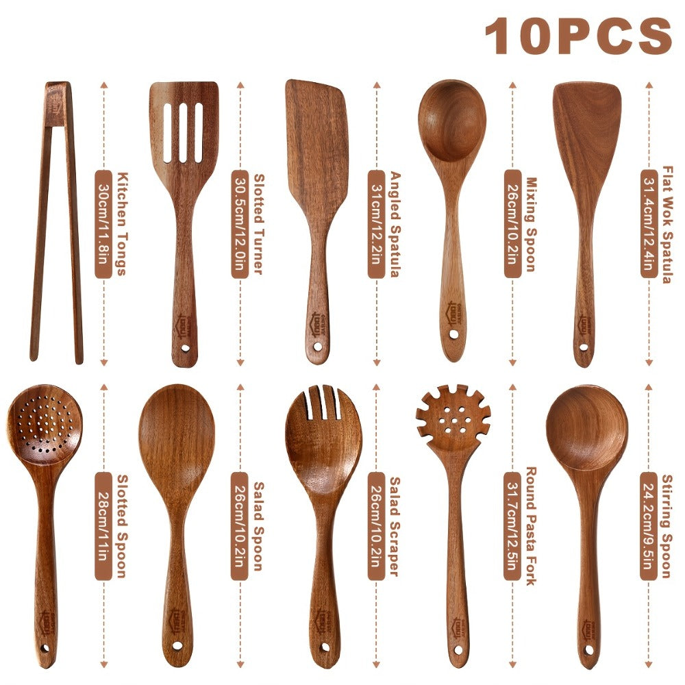 Wooden Spoons for Cooking 10 Pcs ¨C Teak Wood Kitchen Utensils Set, Non-Stick Safe Spatulas & Spoon Cooking Tools