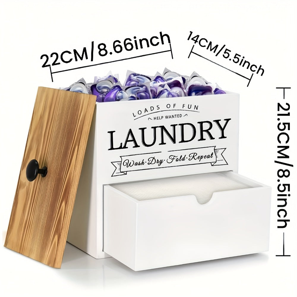 Dryer Sheet Holder with Drawer & Lid | Farmhouse Wood Laundry Pod Dispenser | Wall Mount or Countertop Organizer for Laundry Room Storage, Black & White