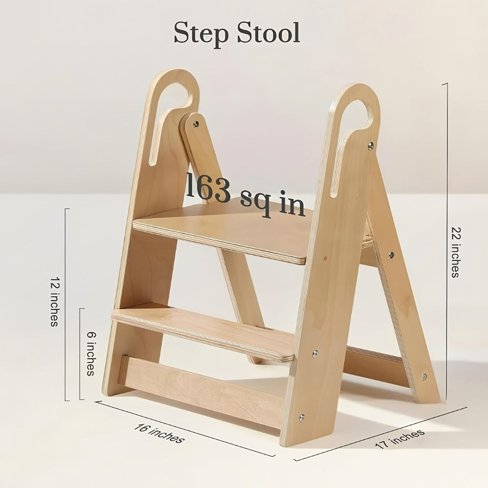 Foldable Step Stool Non-Slip Double-Tier with Handle Portable Toilet Training Stool for Bathroom Kitchen Bedroom Countertop Sink Kids Adults Natural Wood Finish Sturdy Step Ladder