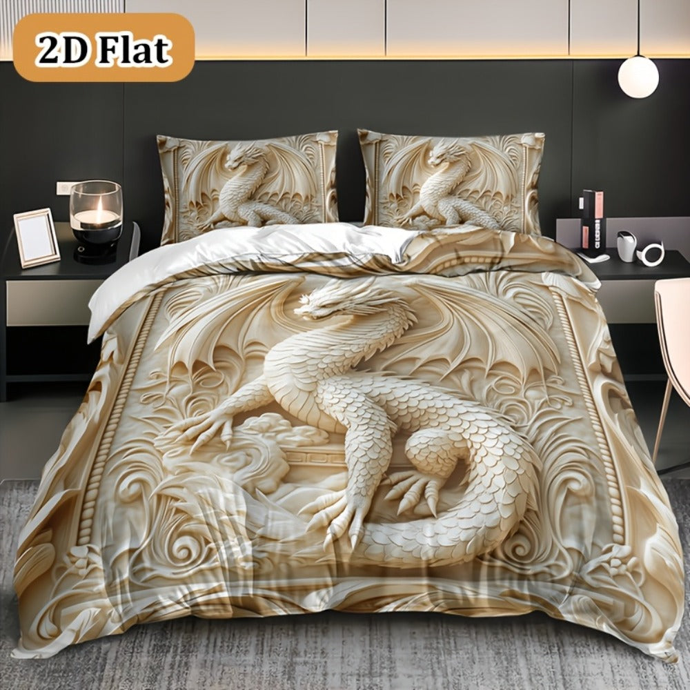 Dragon Print Duvet Cover Set 3-Piece ¨C Boho Dragon Totem Bedding, Soft Polyester Comforter Cover with 2 Pillowcases, Twin Full Queen King, Dorm Room Decor