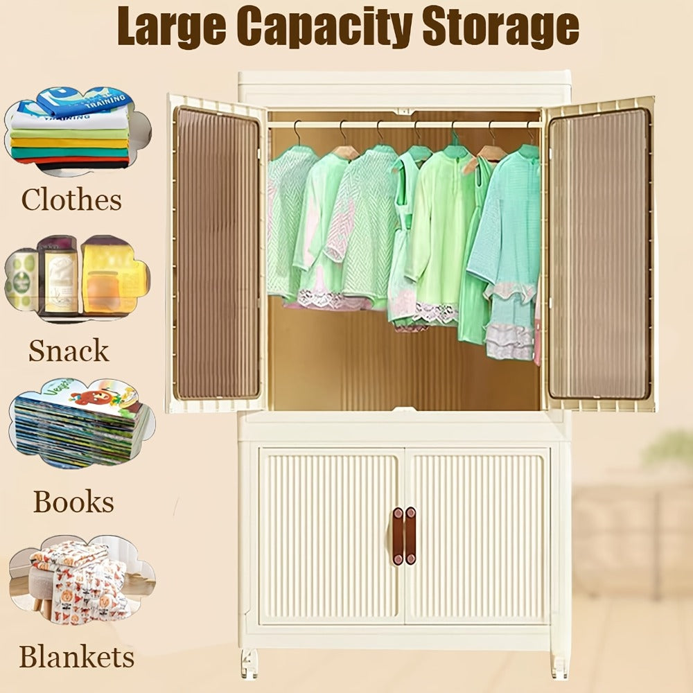 Portable Closet Wardrobe with Wheels & Hanging Rod ¨C Foldable Clothes Cabinet with Doors, 10 Hangers, Stackable Storage Bins, 70 GAL Collapsible Plastic Wardrobe Organizer