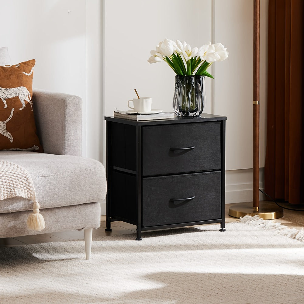 Nightstand with 2 Storage Drawers, 20¡± Bedside Table with Wooden Top & Fabric Cabinet, Steel Frame Mini Dresser for Bedroom, Dorm, Living Room ¨C 1pc or Set of 2pcs, Black White Grey Rustic Brown