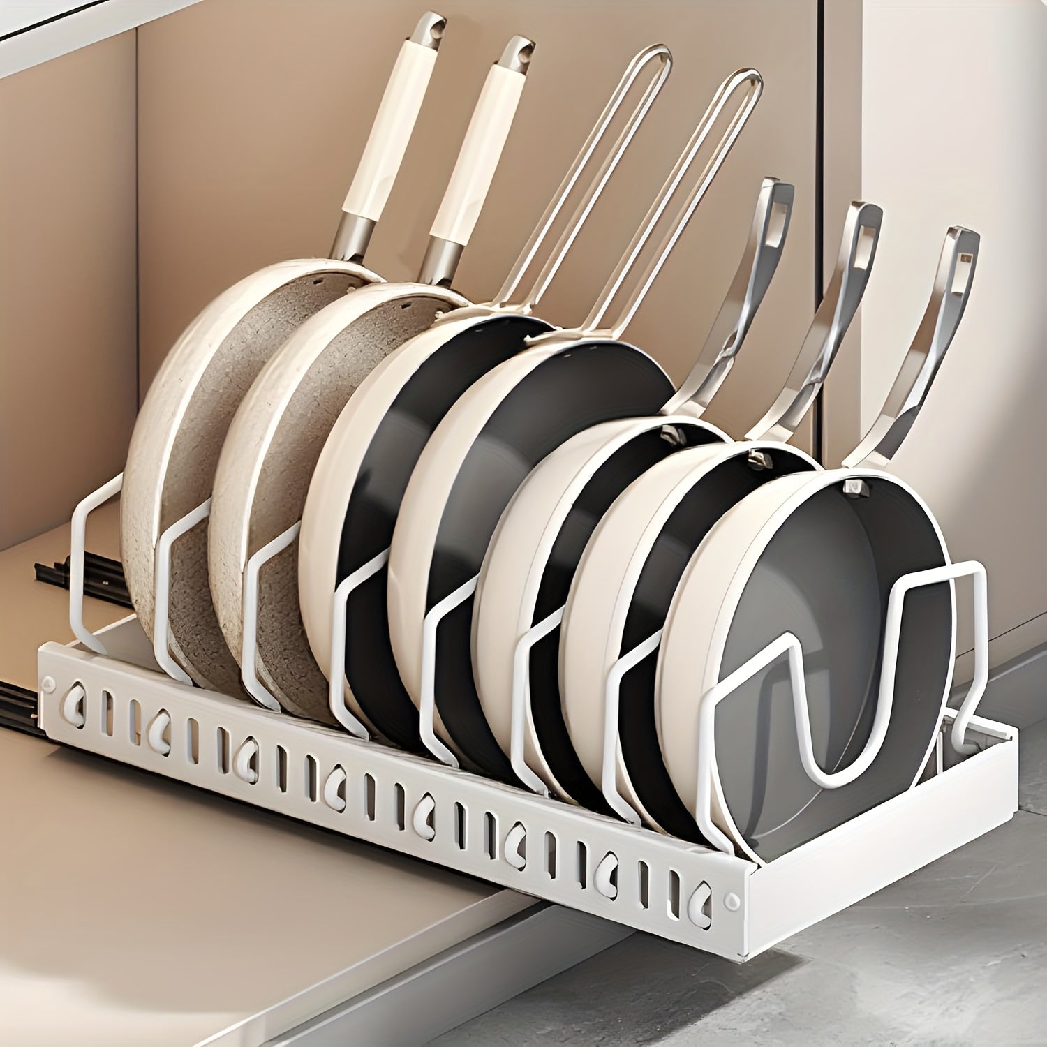 Pull-Out Pot and Pan Lid Rack Cabinet Sliding Storage Organizer - Kitchen Cabinet Slide-Out Box with 8/16 Adjustable Dividers for Lids, Baking Tools & Plates, Black or White, 1 or 2 Pack