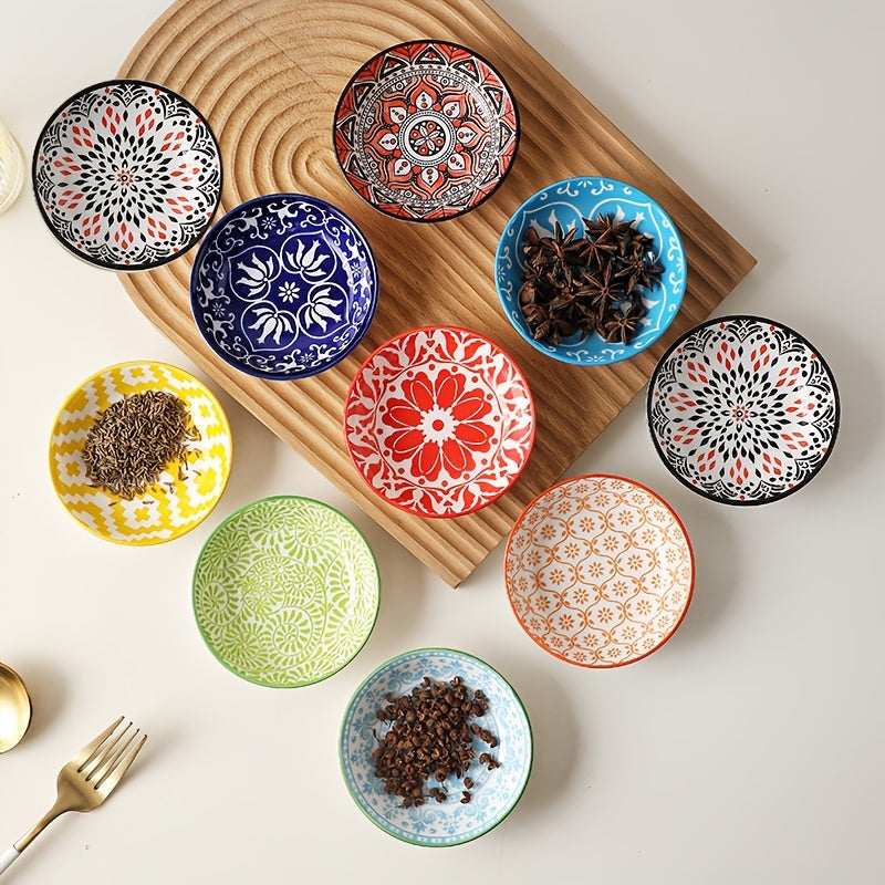 Dipping Sauce Dish Set 10/12 Piece Bohemian Ceramic ¨C Colorful Small Plates for Soy Sauce Vinegar Spices Condiments Sushi Bar Restaurant Kitchen Party Boho Snack Seasoning Plate