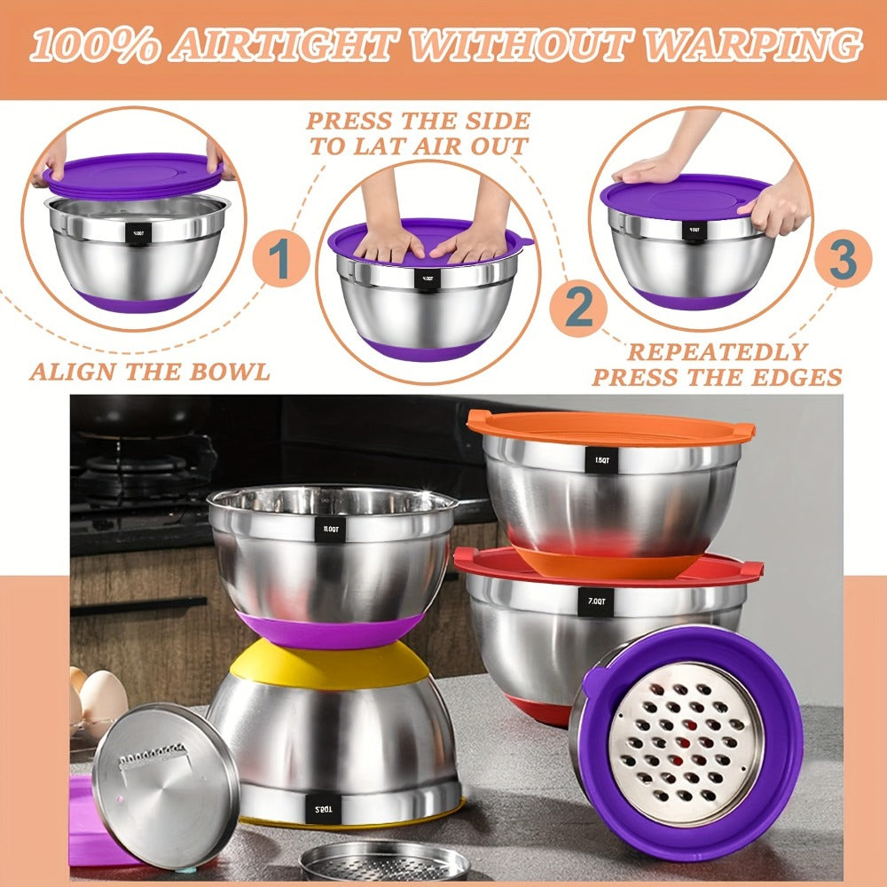 Mixing Bowls Set with Airtight Lids ¨C 26pcs Stainless Steel Bowl Set with 3 Grater Attachments, Non-Slip Bottoms, Sizes 1¨C7QT ¨C Kitchen Bowls for Mixing, Serving, Baking & Meal Prep