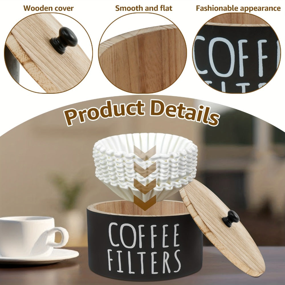 Wooden Coffee Filter Holder with Lid ¨C Large Capacity Rustic Round Organizer Dispenser for Coffee Filters & Tea Bags, Bamboo Lid, Kitchen Countertop Coffee Bar Decor