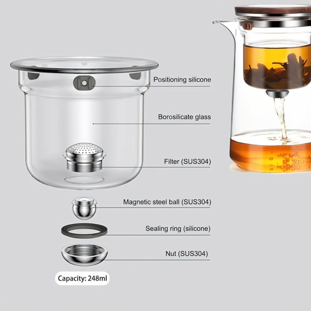 Glass Teapot with Infuser & Wooden Handle ¨C Borosilicate Tea Kettle, One-Button Tea-Water Separation, Drip-Free Spout, 27oz for Loose Leaf & Blooming Tea, Holiday Gift for Men & Women