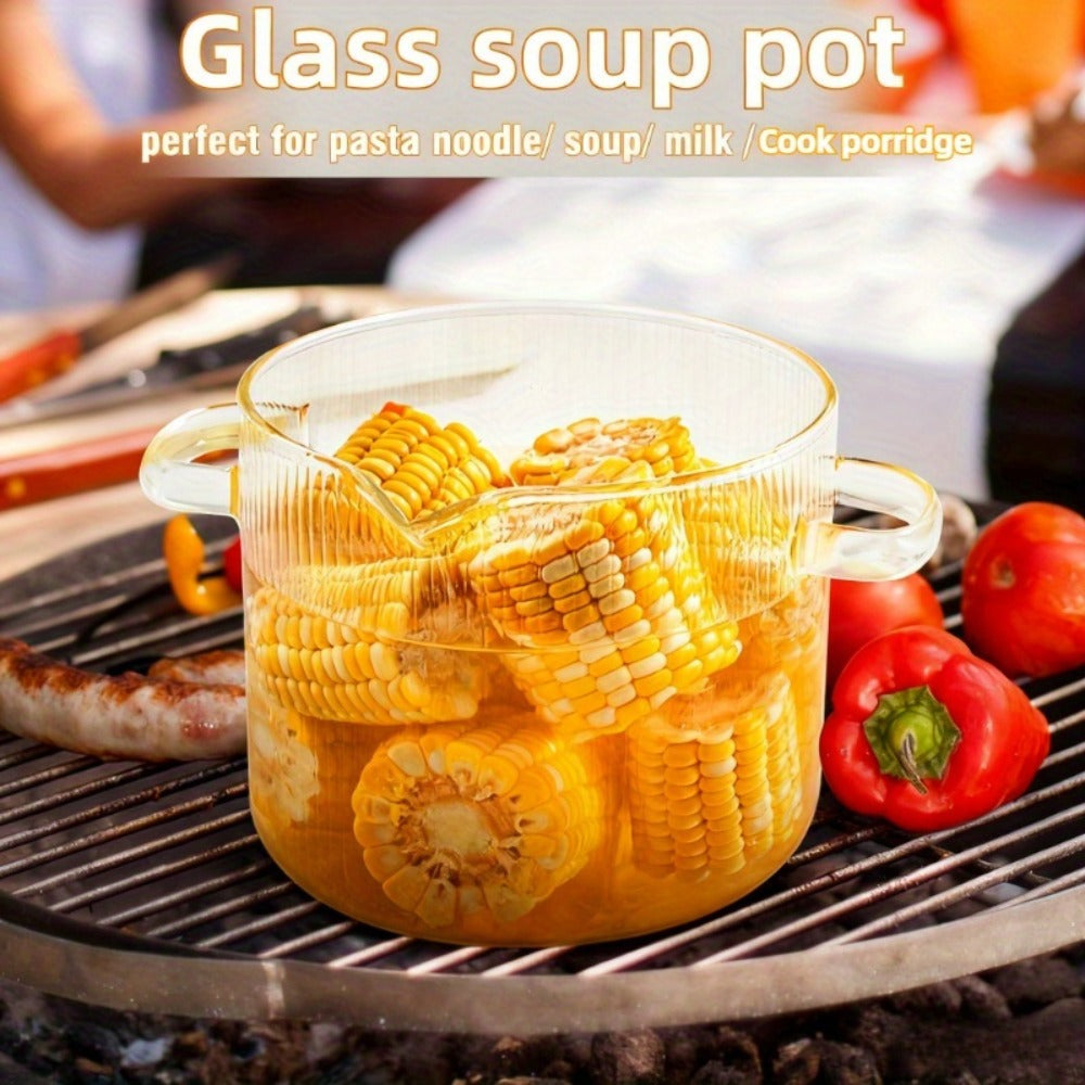 Glass Saucepan Set 2-Pack Stovetop Safe Borosilicate Ribbed Pots with Lids ¨C 78oz & 54oz Heat Resistant Cookware for Soup, Ramen, Milk | Transparent Glass Pot Kitchen Cooking Set with Baking Mat