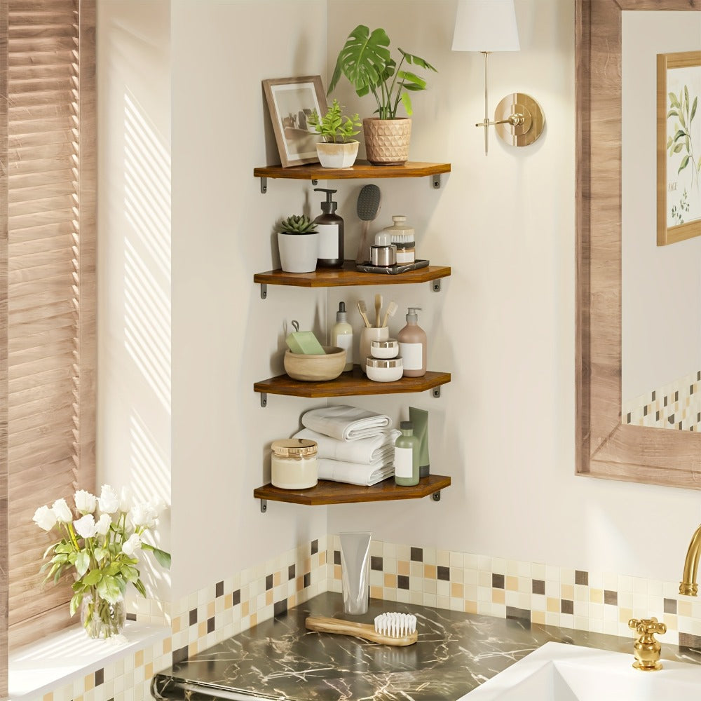 Corner Floating Wall Shelf - Rustic Wood Wall Organizer for Living Room Bedroom Bathroom Kitchen, Space-Saving Display Rack, Country Style Corner Shelf Set of 2 4 6, Brown Black White Home Decor