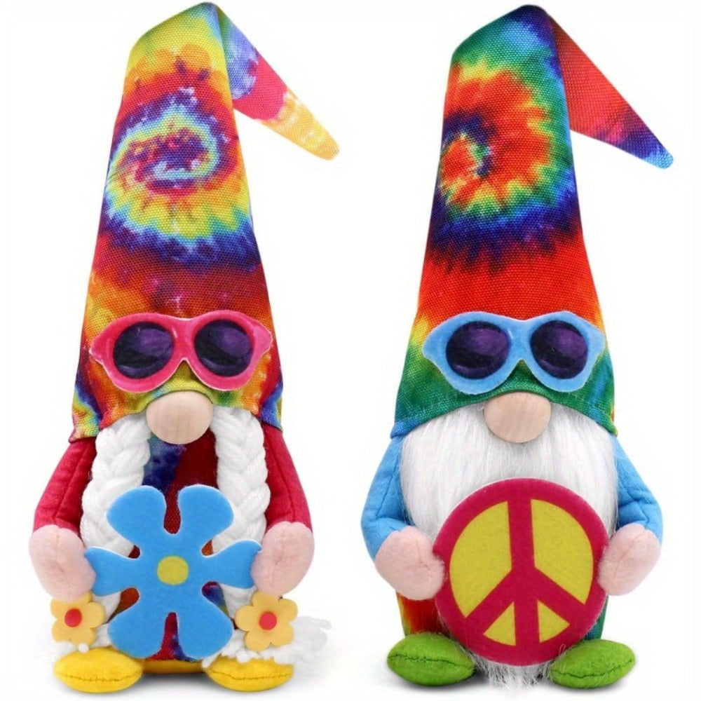 Hippie Gnomes Decorations 2 Pack ¨C Groovy Tie Dye Tomte Figurines with Peace Sign & Fashion Glasses, 13.5¡± Swedish Gnome Shelf Sitters for Farmhouse, Christmas, Halloween & Party Decor