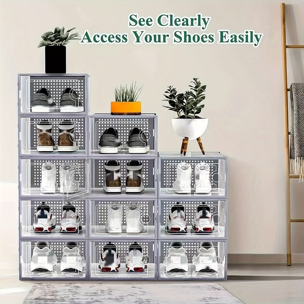 Transparent Stackable Shoe Boxes with Lid ¨C Foldable Clear Sneaker Storage Organizer (6/24pcs)