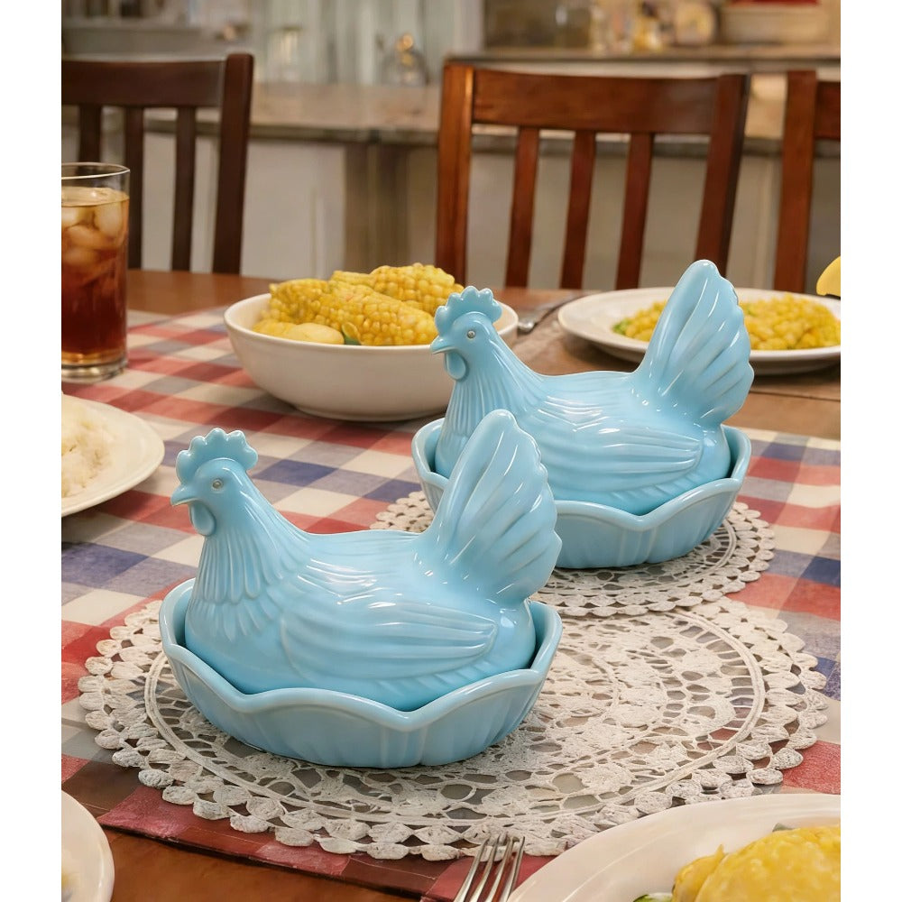 Glass Hen on Nest Candy Jar Vintage Farmhouse, Covered Chicken Storage Canister with Embossed Design, Rustic Kitchen Decor & Collectible Centerpiece for Table, Entryway & Cabinet (5 Colors)