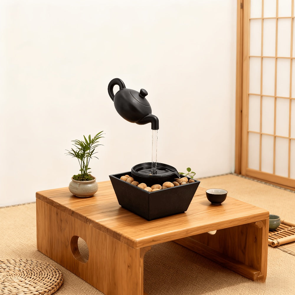 Tabletop Water Fountain with LED Light Zen Teapot Indoor Relaxation Fountain Black Resin Pebble Bed Soothing Water Flow Meditation Decor Home Office Desk Zen Garden Gift