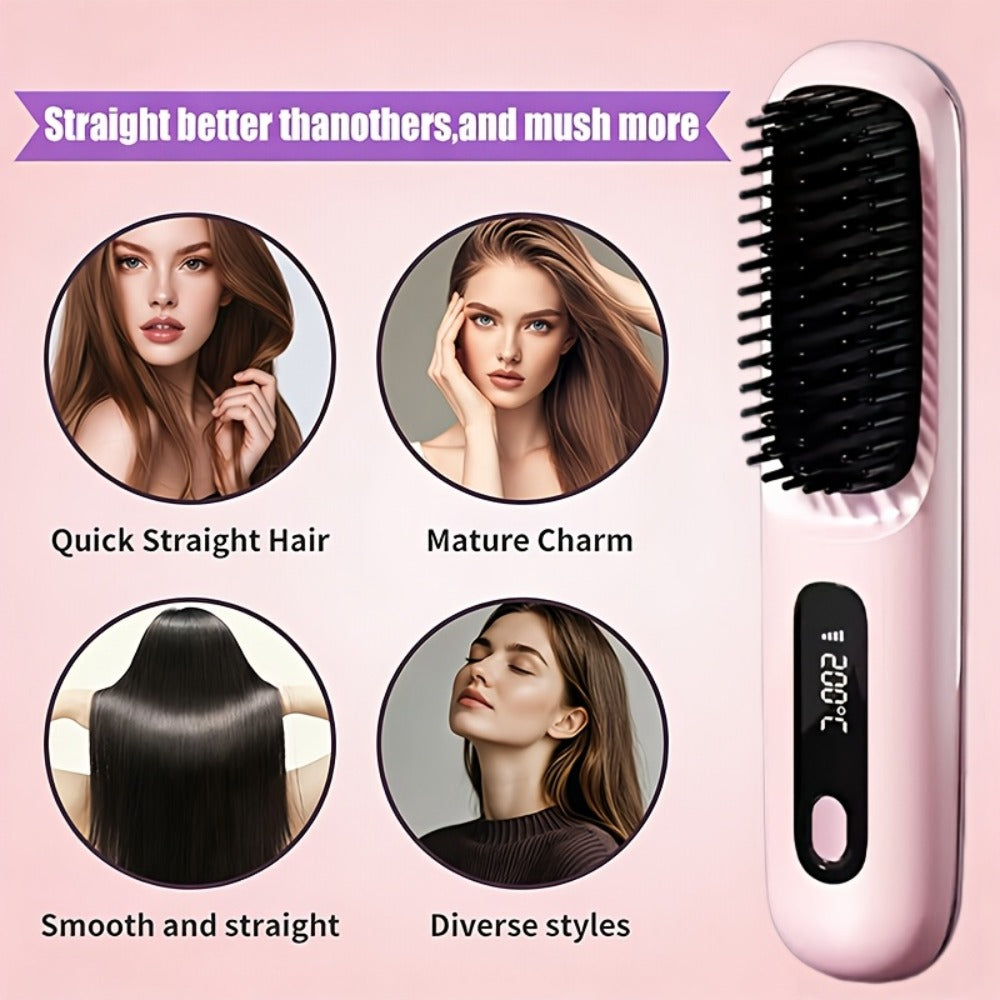 Cordless Hair Straightening Brush ¨C Mini Rechargeable Portable Straightener Comb for Travel Daily Styling, Fast Heating Anti-Scald Frizz Control for All Hair Types, Black & White
