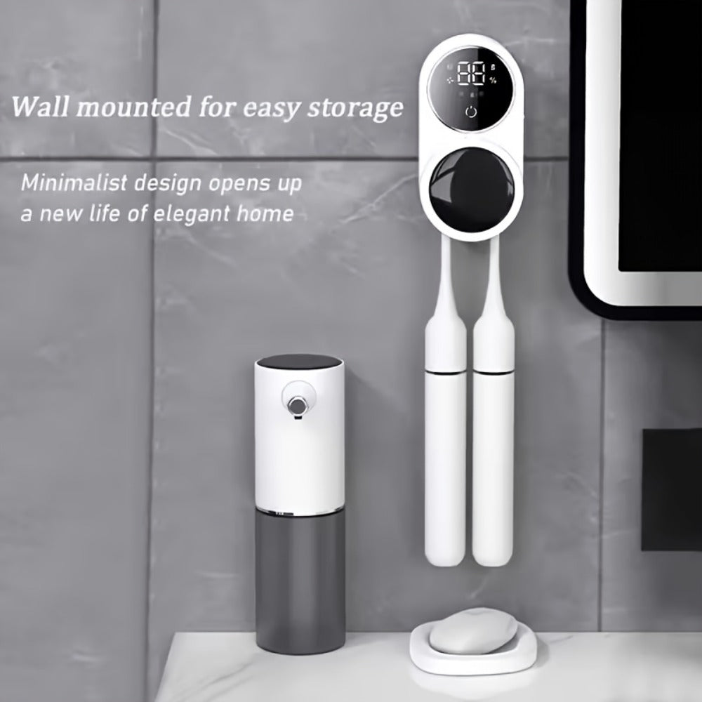 UV Toothbrush Holder Wall Mounted, Smart Double Toothbrush Sanitizer with Auto Dry & Sensor Door, USB Rechargeable, No-Drill Bathroom Storage with Battery Display ¨C Hygienic Oral Care Organizer