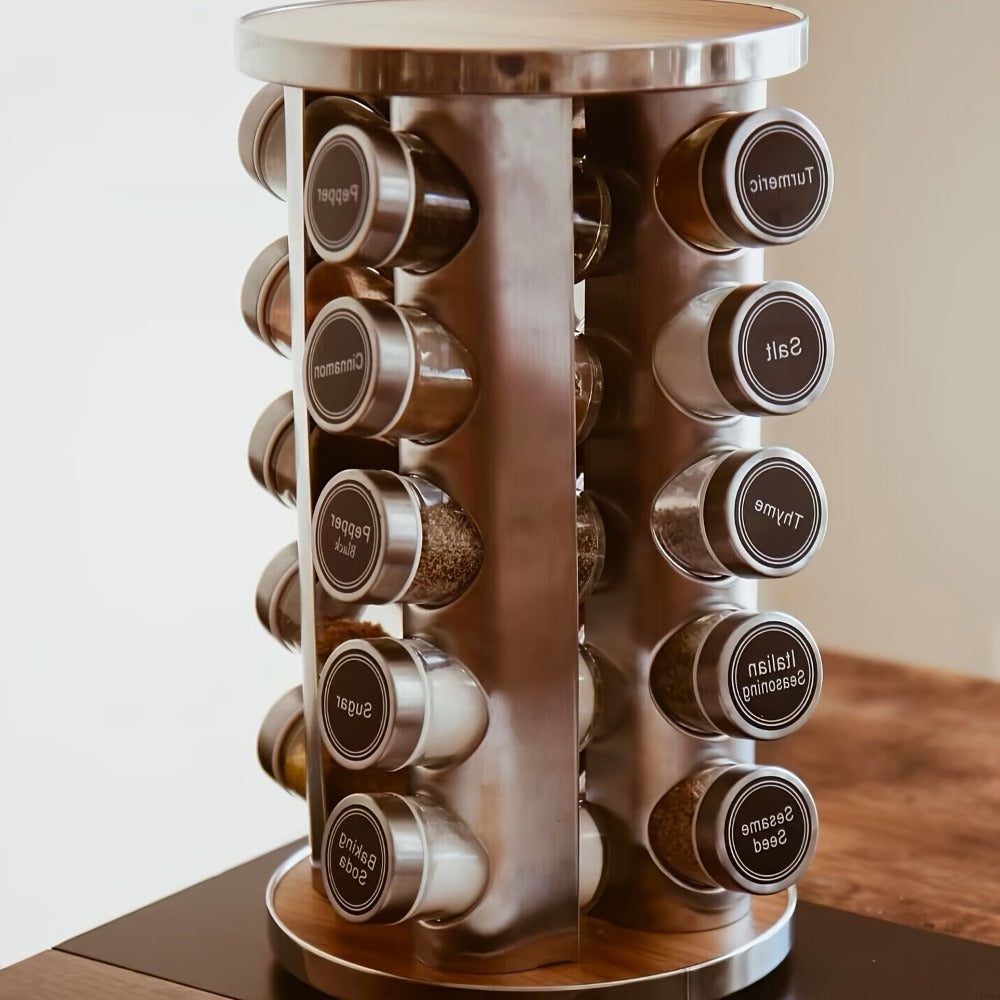 Rotating Spice Rack with 20 Glass Jars 360-Degree Revolving Stainless Steel Spice Tower Organizer for Kitchen Countertop Cabinet with 386 Labels for Herbs Spices Condiments