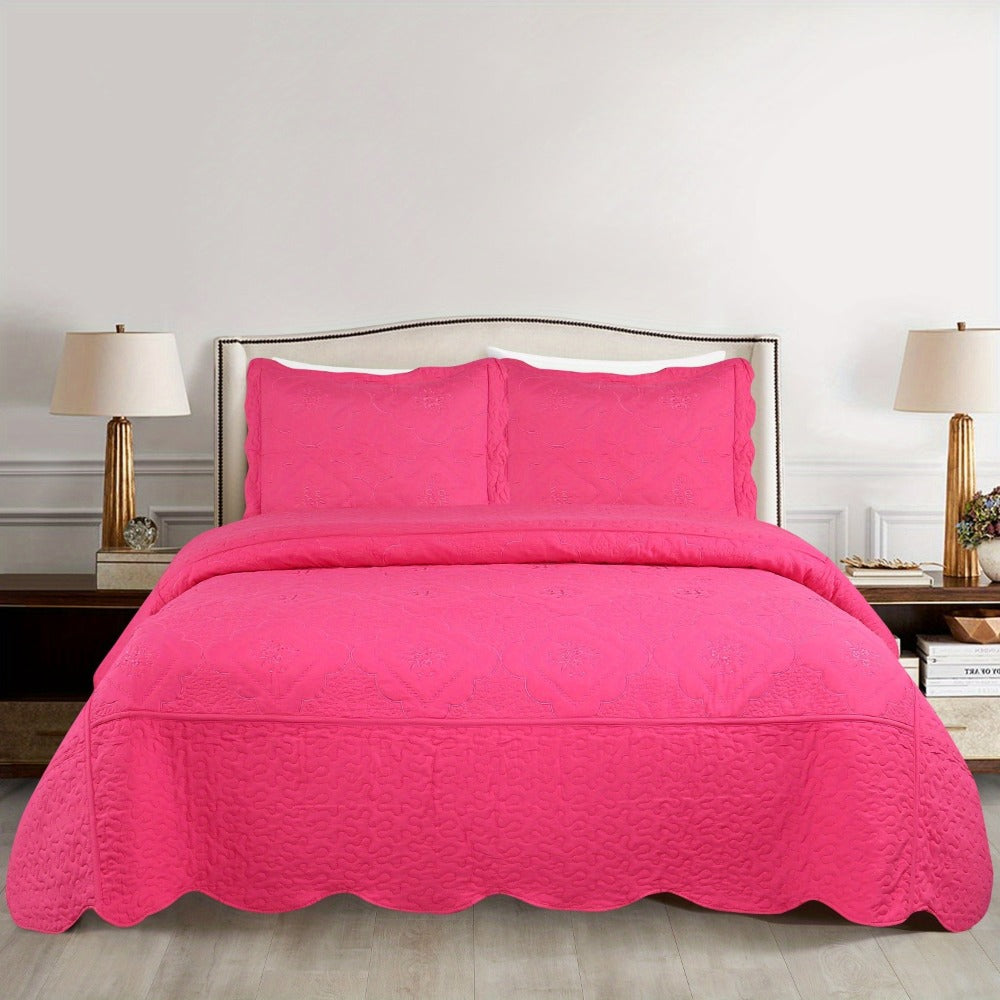 Quilt Set 3 Piece Floral Embroidery Bedspread - 100% Polyester Wrinkle Resistant Lightweight Quilted Coverlet with 2 Pillow Shams for Full Queen King Bed, Elegant Bedroom Decor in 19 Colors