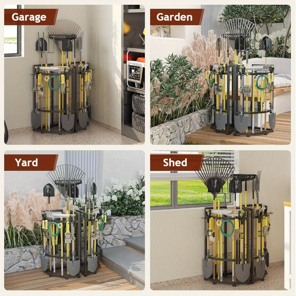 Wall Mount Tool Organizer Rack - Heavy Duty Metal Garden Tool Storage with Hooks for Shovels, Rakes & Long-Handled Tools | Garage, Shed & Backyard Corner Utility Storage