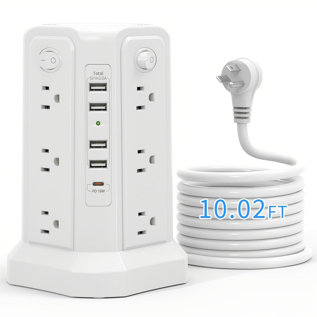 Power Strip Tower Surge Protector 16 AC Outlets 5 USB Ports PD20W USB-C Fast Charging Flat Plug Extension Cord 1500J Overload Protection Desktop Charging Station for Home Office Dorm