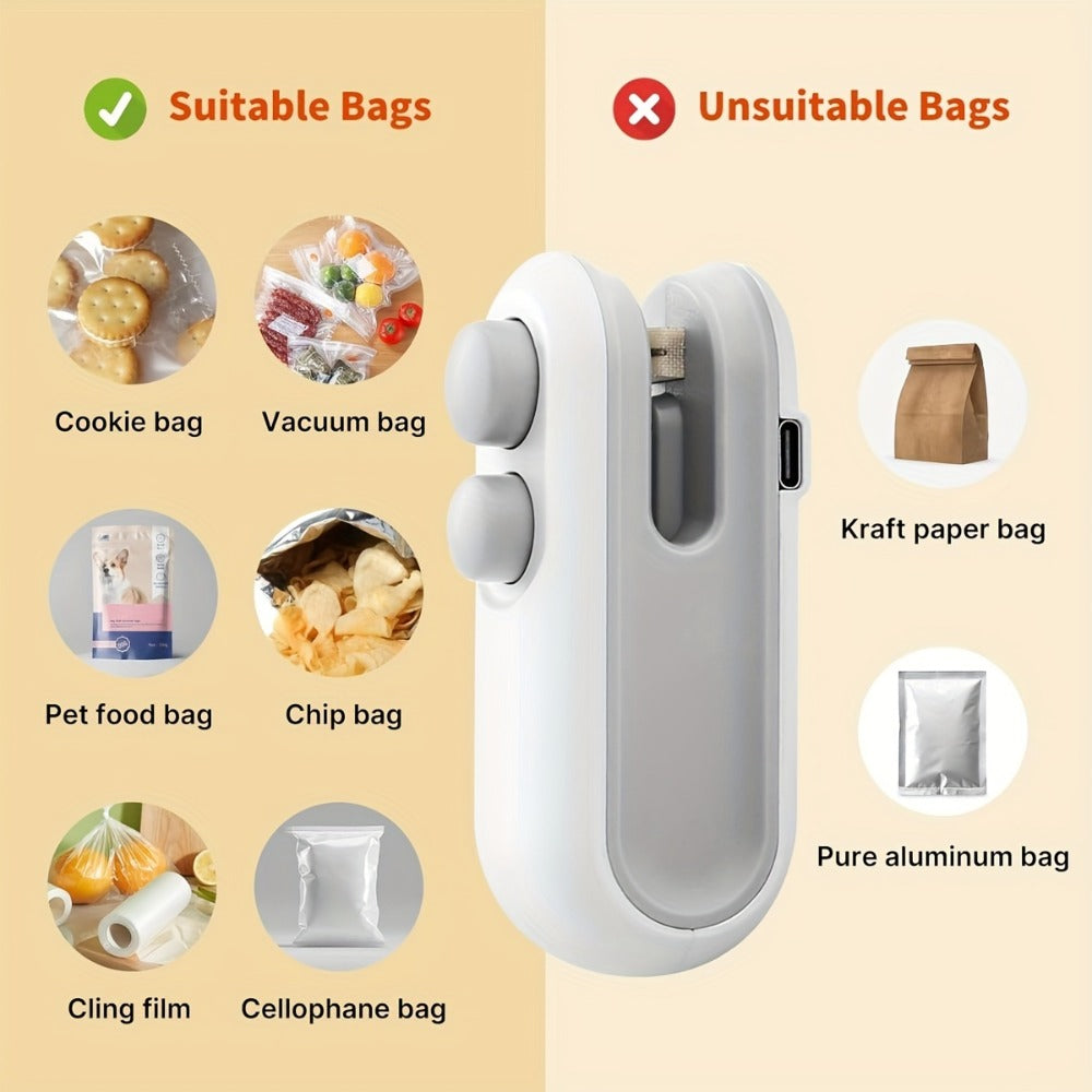 Mini Bag Sealer 2-Pack USB-C Rechargeable 2-in-1 Heat Seal with Cutter ¨C Magnetic Storage Bag Resealer for Plastic Snack Food Bags | Airtight Freshness Keeper Portable Kitchen Gadget White