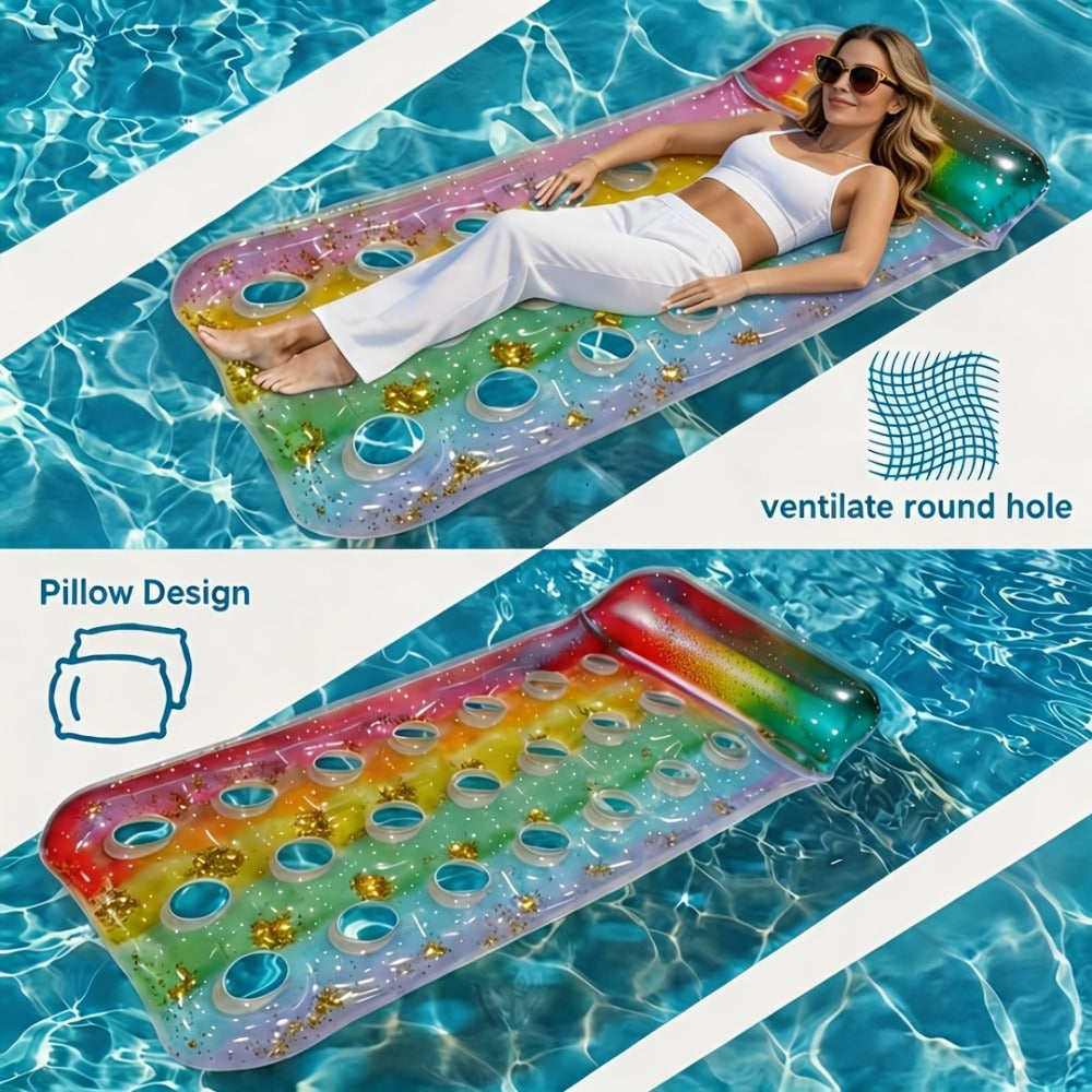 Inflatable Pool Float Sequin Gradient, Rectangular PVC Floating Bed with Ventilation Holes & Flash Gradient Colors, Buoyancy Water Lounge for Indoor Outdoor Pool Beach Lake