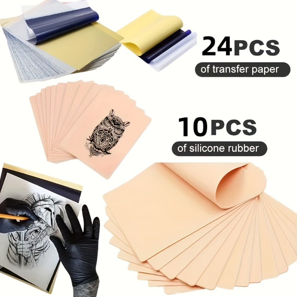 Tattoo Practice Skin Kit ¨C Double-Sided Silicone Training Skin with Transfer Papers for Microneedling, Eyebrow & Lip Tattoo ¨C Soft & Durable Beginner Set (34pcs or 71pcs)