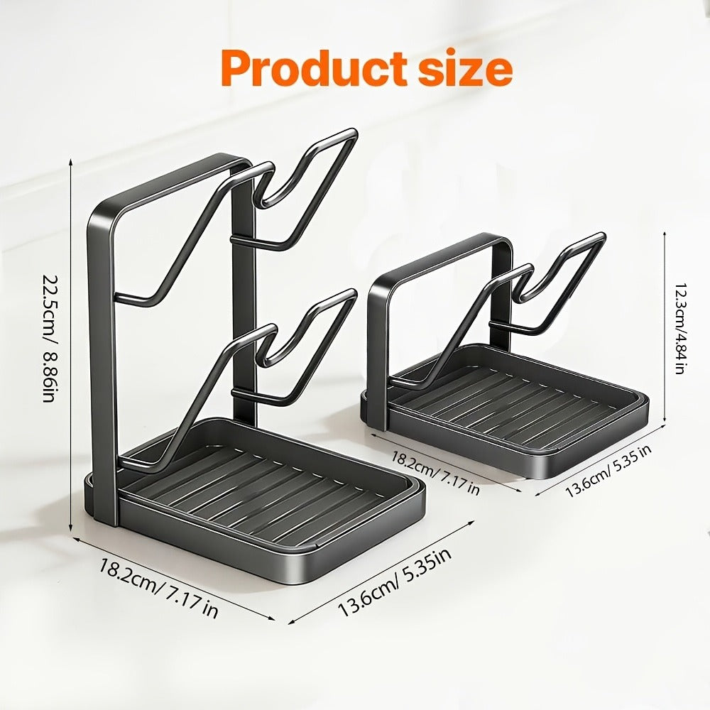 Pot Lid Holder for Stove Top, 304 Stainless Steel Double-Layer Pot Lid Organizer with Removable Drip Tray, Multifunctional Kitchen Rack for Spatulas Ladles Large Lids, Countertop Storage, Black