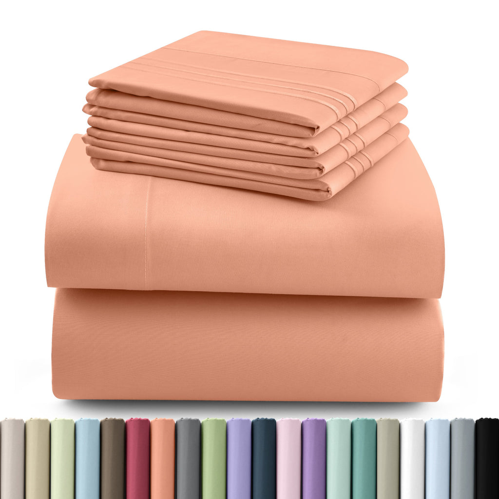 Fitted Sheet Set 6-Piece Brushed Polyester Deep Pocket Bed Sheets 20 Colors Hotel Luxury Soft Bedding with Embroidered Pillowcases
