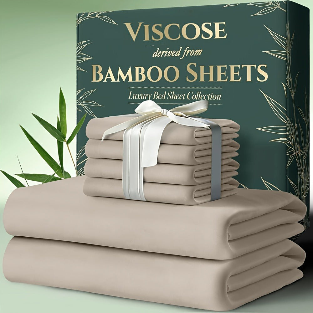 Cooling Bamboo Bed Sheet Set 6pcs Ultra Soft Deep Pocket 17 Inch Double Stitching Breathable Sheets for Hot Sleepers Twin Full Queen King