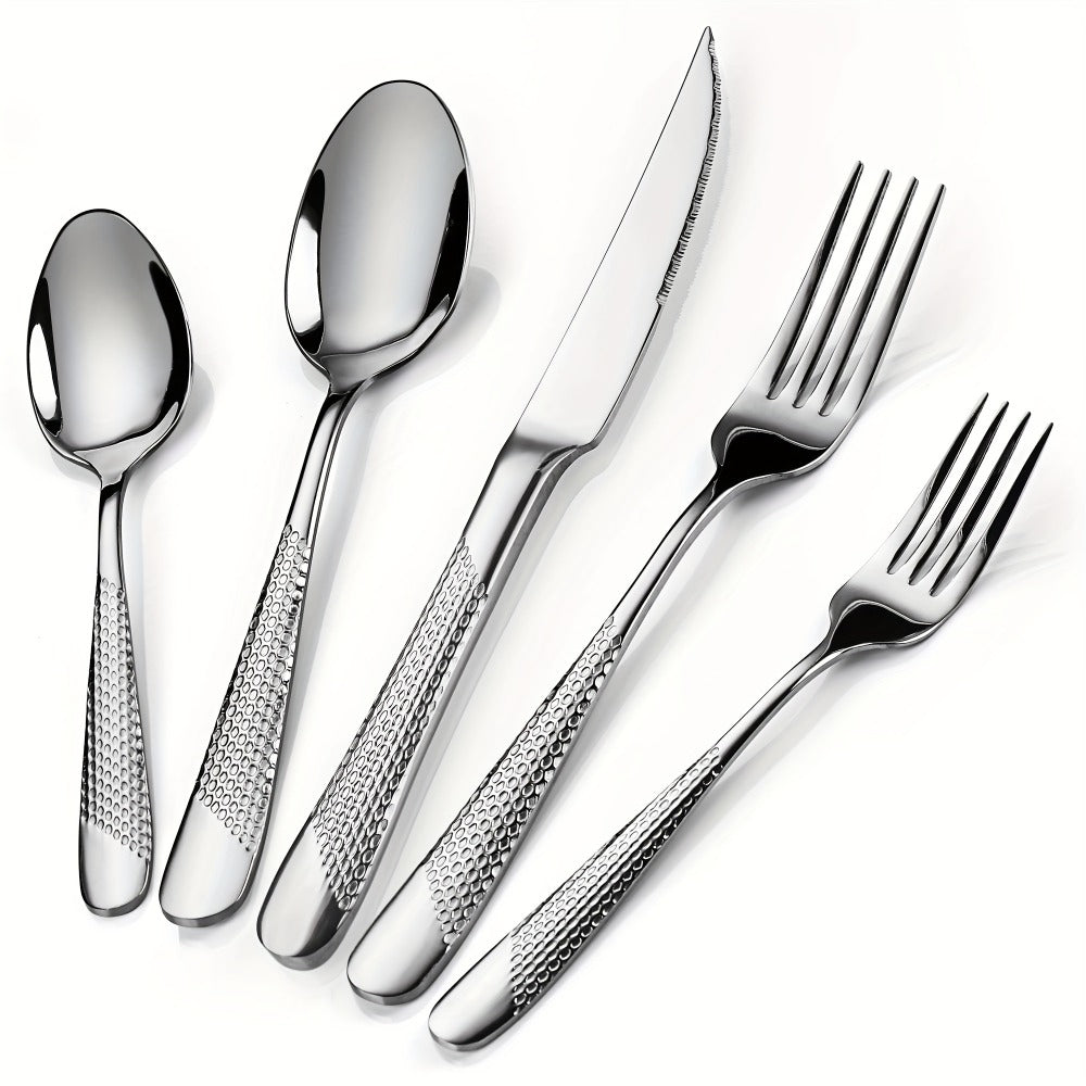 Stainless Steel Flatware Set 40/48 Piece ¨C 304 Silverware Set for 8 Hammered Mirror Polished Rose Gold Cutlery with 2-in-1 Serrated Knife Dishwasher Safe Modern Utensils for Home Restaurant Wedding