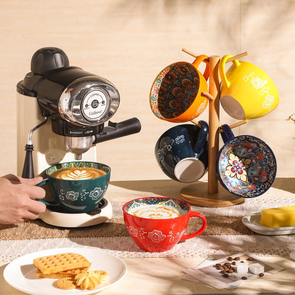 Bohemian Ceramic Coffee Mugs Set of 6 ¨C 15 Oz Large Capacity Breakfast Mug ¨C Microwave Safe for Hot & Cold Drinks ¨C Unique Boho Drinkware Gift for Halloween, Thanksgiving & Christmas