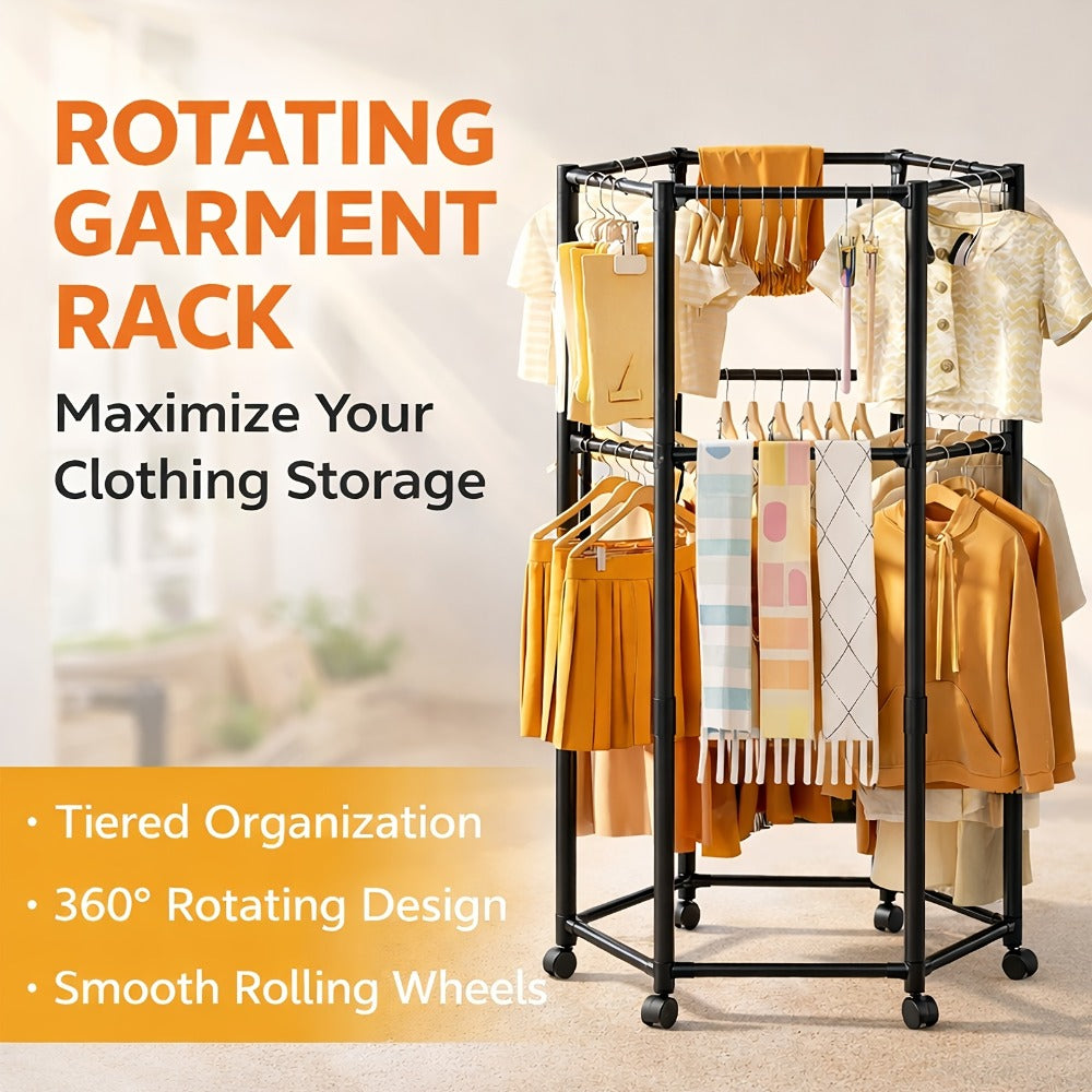 Rolling Hexagon Clothes Drying Rack 1 or 2 Layer ¨C Sturdy Metal Floor Stand with Wheels, Multi-Bar & 10 Clips, Portable Laundry Rack for Bedroom, Balcony & Dorm