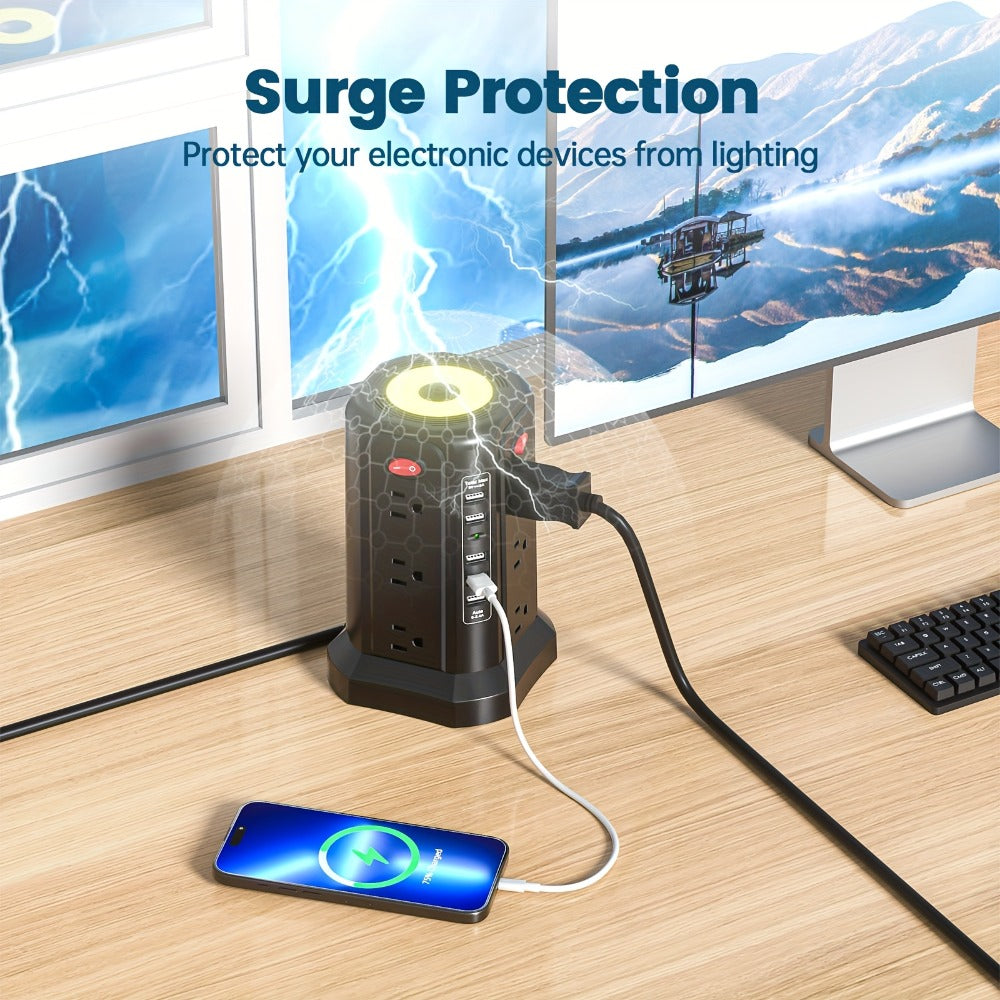 Surge Protector Power Strip Tower with 12 AC Outlets 5 USB Ports 8.8FT Extension Cord Night Light 4 Individual Switches Overload Protection for Home Office Desk Dorm Room