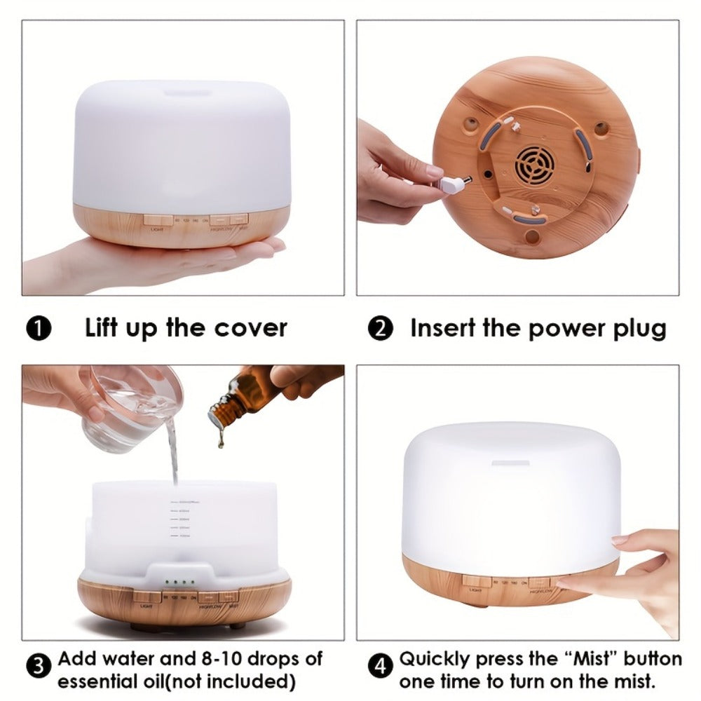 Large Room Essential Oil Diffuser 16.91oz ¨C Timer, 7 Ambient LED Lights, No Water Auto-Off, Wood Grain Design for Home & Office
