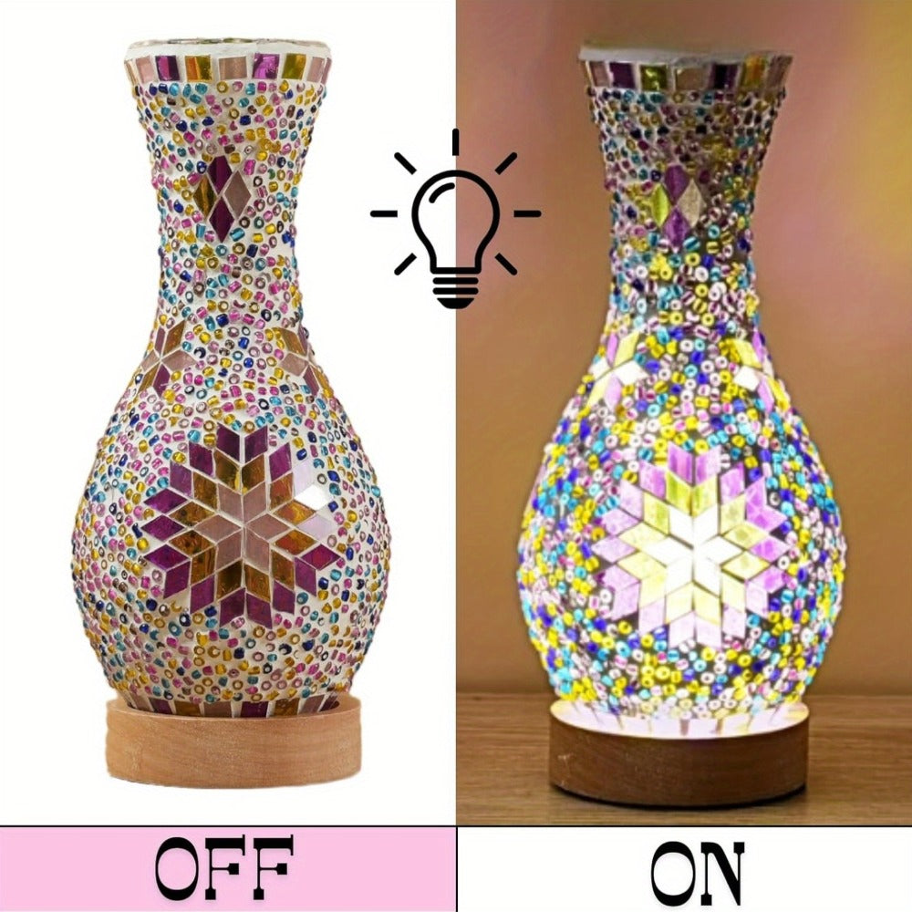 Mosaic Vase Lamp Turkish Moroccan Handmade Colorful Glass Table Lamp with Wooden Base ¨C USB Plug-In Boho Night Light, Flower Vase Lamp for Bedroom Living Room Decor, Bohemian Mosaic Desk Lamp Gift
