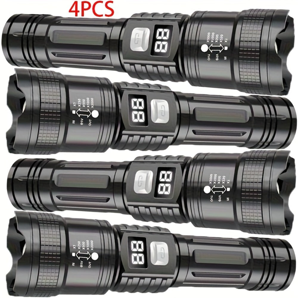 Rechargeable LED Flashlight Set 4pcs - Super Bright Zoomable Tactical Flashlight with USB Charging, IP65 Waterproof, Long Range High-Power Work Light for Camping, Hiking, Emergency & Outdoor Survival