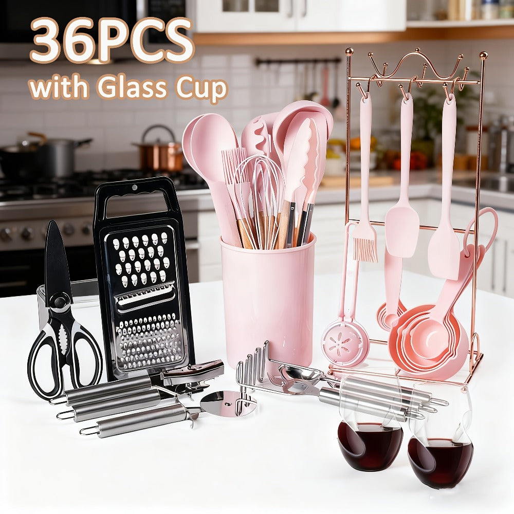 Silicone Cooking Utensils Set 35-Piece with Holder Rack Wooden Handle Heat Resistant Kitchen Tools for Non-Stick Pans ¨C Complete Kitchen Utensil Set in Multiple Colors