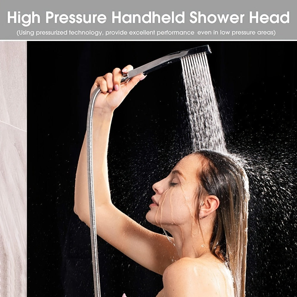 High Pressure Rainfall Shower Head Handheld Combo 4-Spray Modes 10 12 Inch Adjustable Extension Arm 78-Inch Hose Adhesive Holder Wall Mount Chrome Black Bathroom