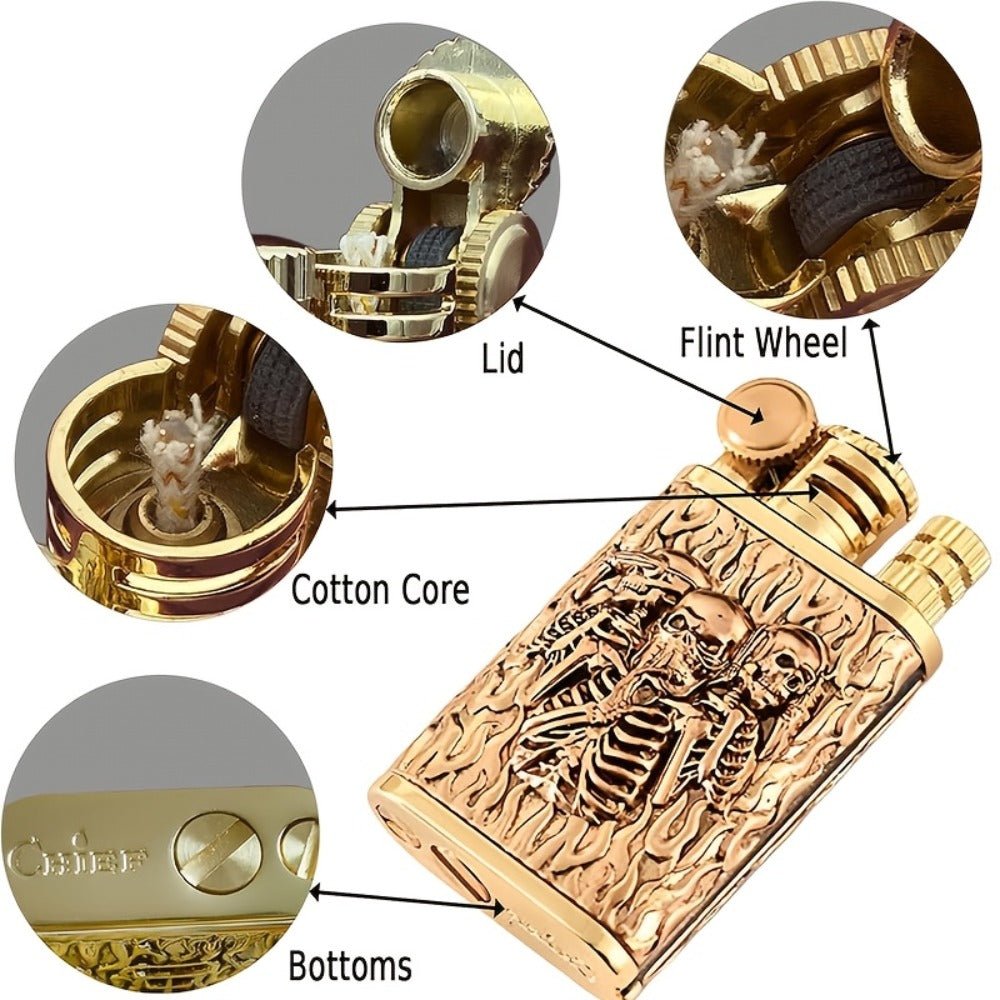 Kerosene Lighter 2-in-1 Permanent Match Flint Wheel Refillable ¨C Golden Windproof Pocket Lighter with Built-In Match Strike, Unique Gift for Men, Father¡¯s Day & Outdoor Use
