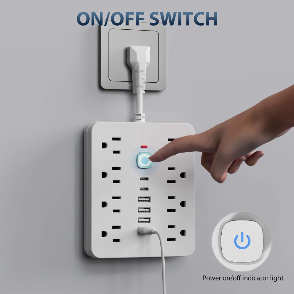 Power Strip Surge Protector 14-in-1 with 8 AC Outlets, 4 USB & 2 Type-C Ports ¨C Flat Plug Space-Saving Extension Cord, Compact Multi-Plug Outlet Expander for Home Office Desk & Kitchen