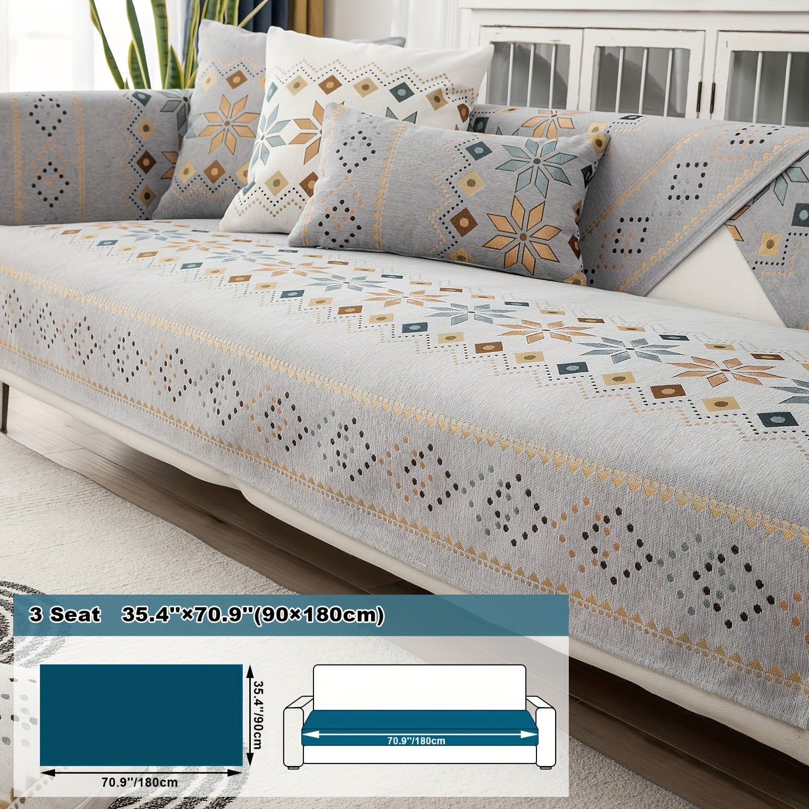 Boho Chenille Sofa Cover Non-Slip Jacquard Woven Couch Slipcover Pet Friendly Machine Washable 2 3 4 Seat Backrest Grey White Orange Bohemian Style