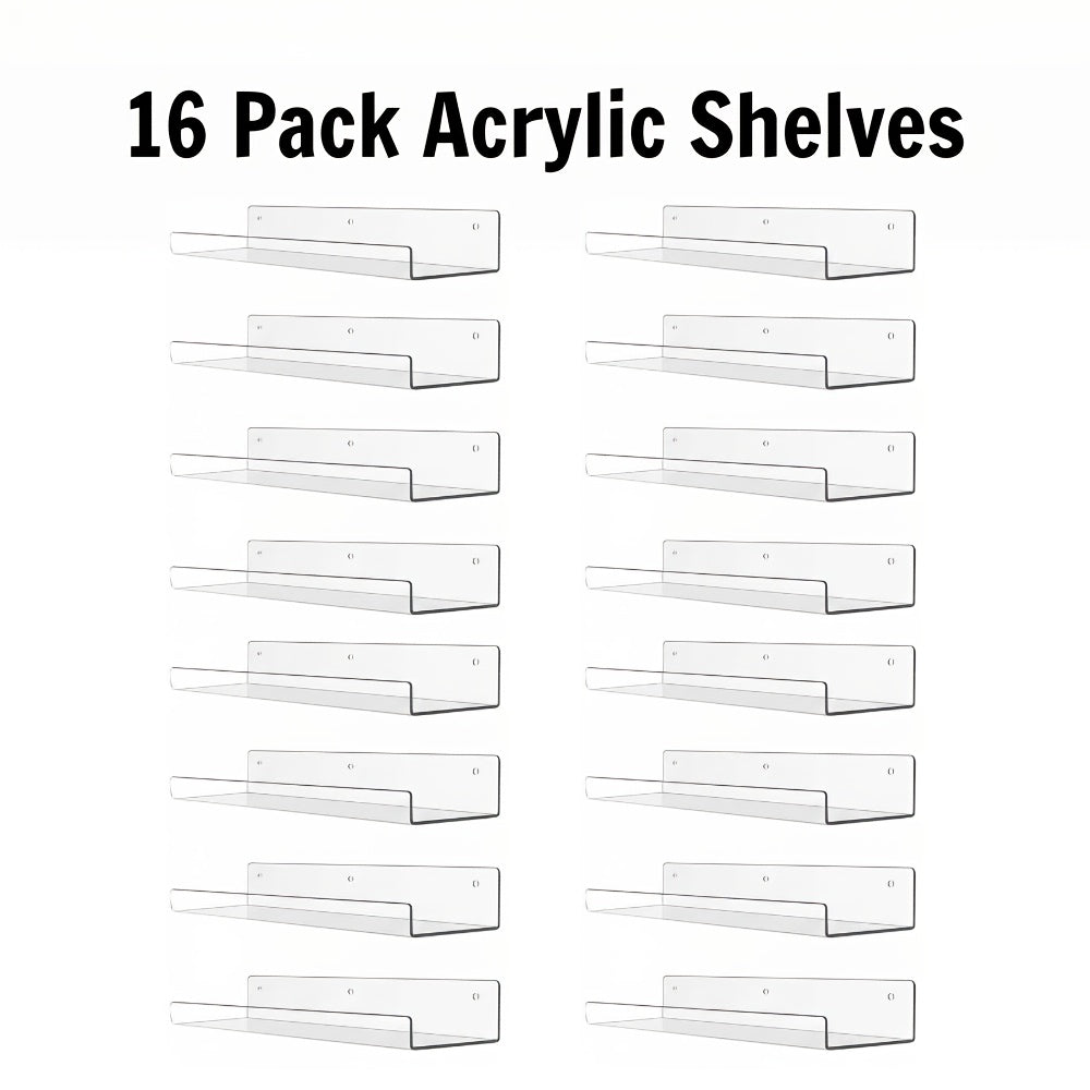 Acrylic Floating Wall Shelves - Clear Display Shelf Organizer for Bathroom, Bedroom, Living Room & Kitchen, 15x4 Inch Wall Mounted Storage Bookshelf, Set of 4/8/16 Pack Room Decor