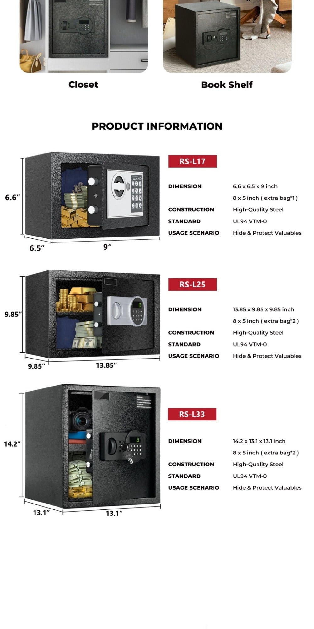 Fireproof Home Safe Box with Digital Keypad and Key Lock Heavy Duty Steel Security Safe for Money Documents Valuables Jewelry Passports 0.23 0.8 1.5 2.2 Cubic Feet Multiple Colors with Cash Bag