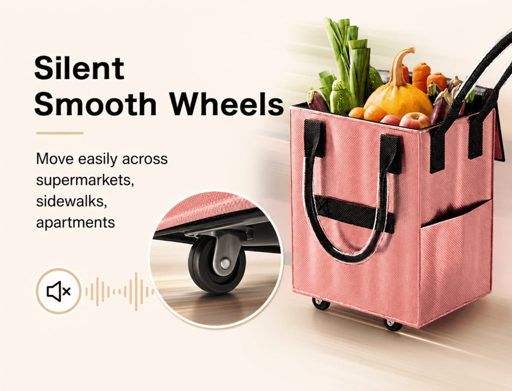 Rolling Grocery Bag with Wheels 60L Extra Large | 16 Gallon Heavy Duty Foldable Shopping Cart Waterproof | Multi-Function Travel Tote Utility Bag in Black Rose Gold